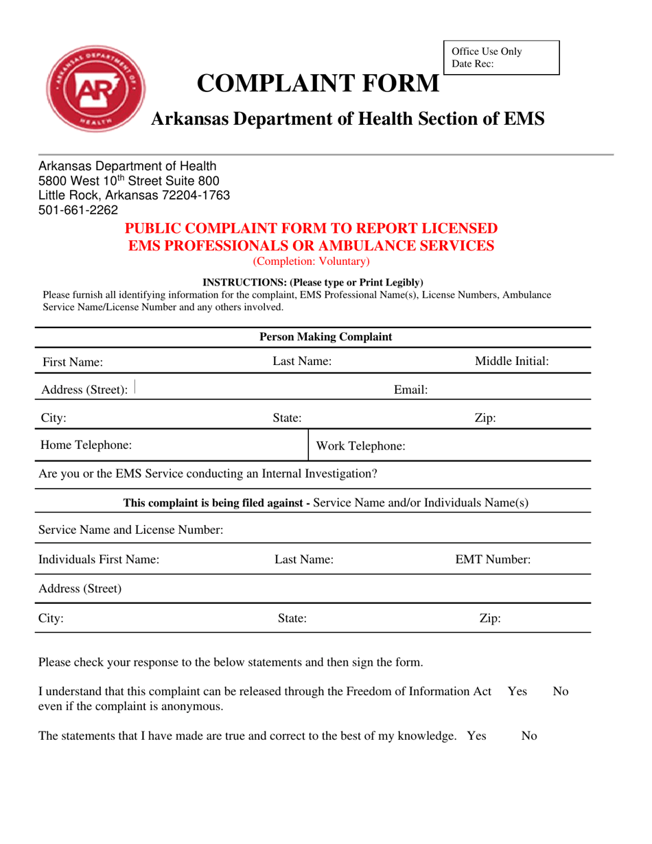 Public Complaint Form to Report Licensed EMS Professionals or Ambulance Services - Arkansas, Page 1