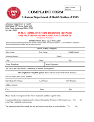 Document preview: Public Complaint Form to Report Licensed EMS Professionals or Ambulance Services - Arkansas