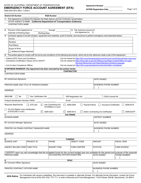 Form ADM-4043 EFA Emergency Force Account Agreement (Efa) - California
