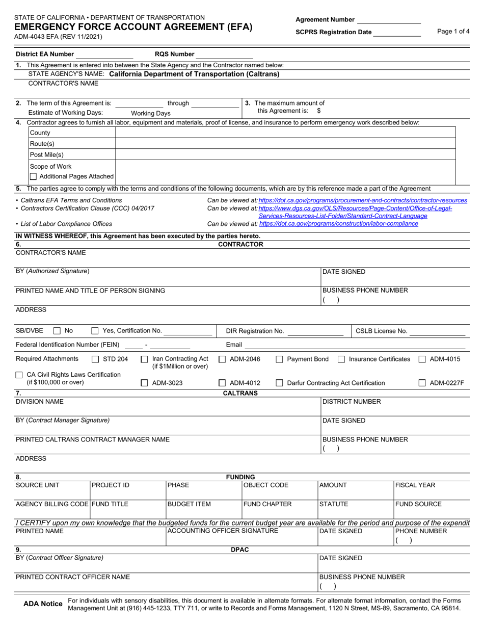 Form ADM-4043 EFA Emergency Force Account Agreement (Efa) - California, Page 1