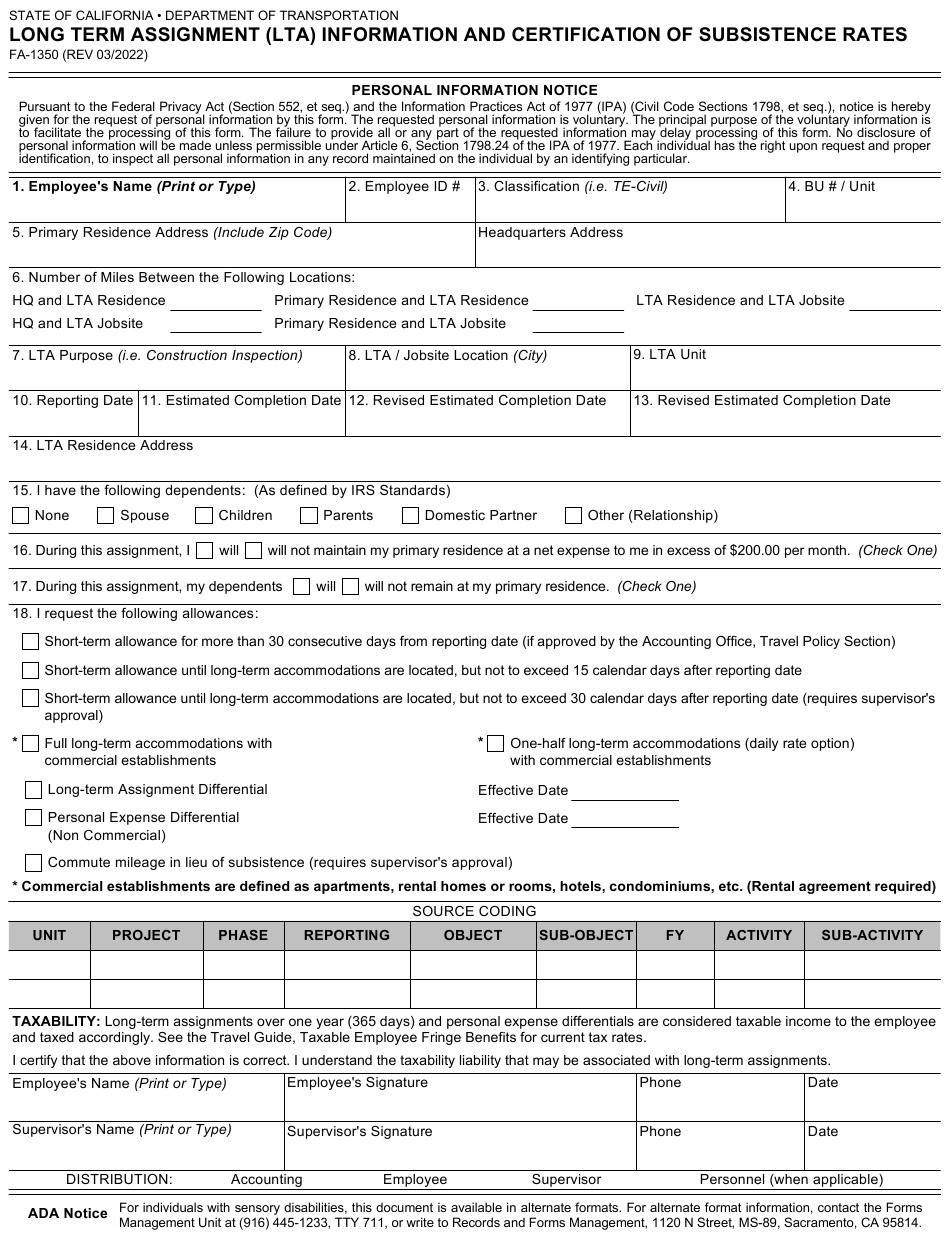 Form FA-1350 Download Fillable PDF or Fill Online Long Term Assignment ...