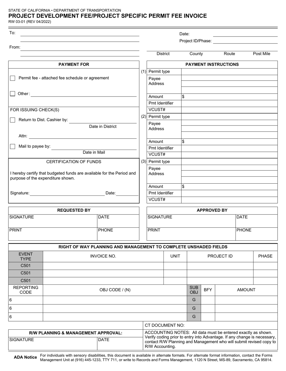 Form RW03-01 Project Development Fee / Project Specific Permit Fee Invoice - California, Page 1