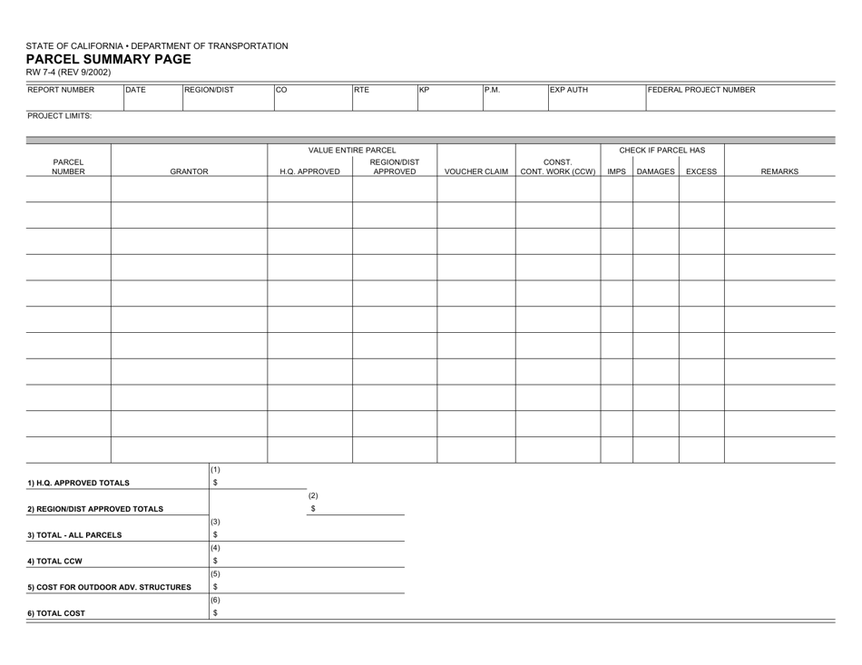 Form RW7-4 Parcel Summary Page - California, Page 1