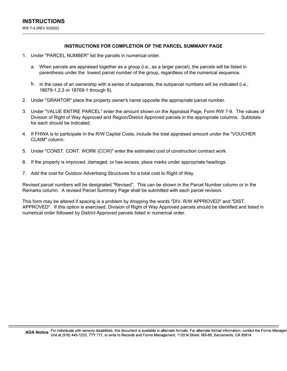 Form RW7-4 Parcel Summary Page - California, Page 2