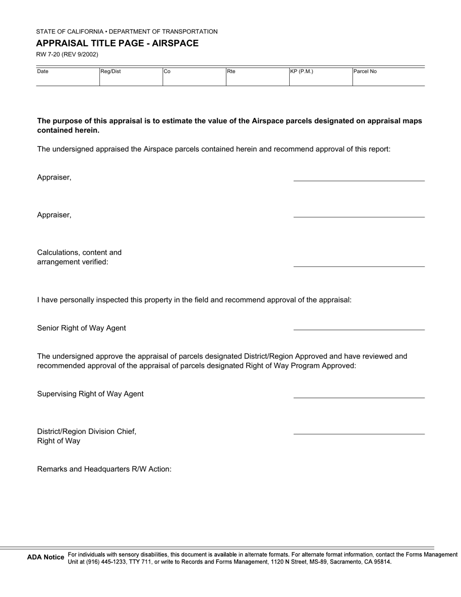 Form RW7-20 Appraisal Title Page - Airspace - California, Page 1