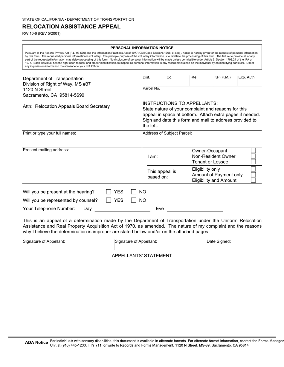 Form RW10-6 Relocation Assistance Appeal - California, Page 1