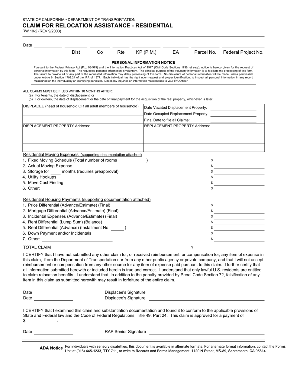 Form RW10-2 Claim for Relocation Assistance - Residential - California, Page 1