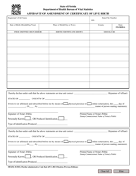 Document preview: Form DH430 Affidavit of Amendment of Certificate of Live Birth - Florida