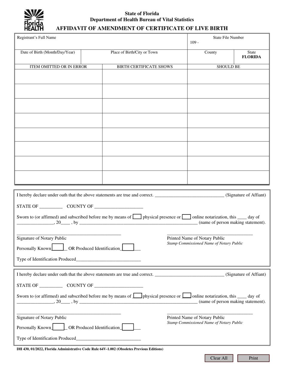 Form Dh430 Download Fillable Pdf Or Fill Online Affidavit Of Amendment Of Certificate Of Live 