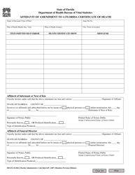 Form DH433 Affidavit of Amendment to a Florida Certificate of Death - Florida
