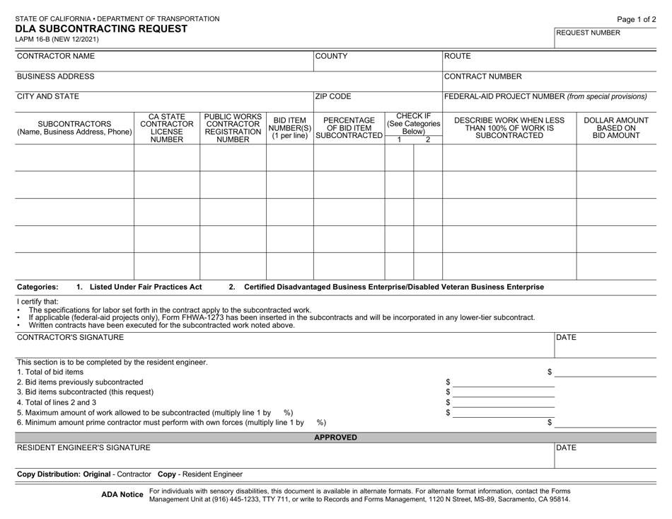 Form LAPM16-B Dla Subcontracting Request - California, Page 1