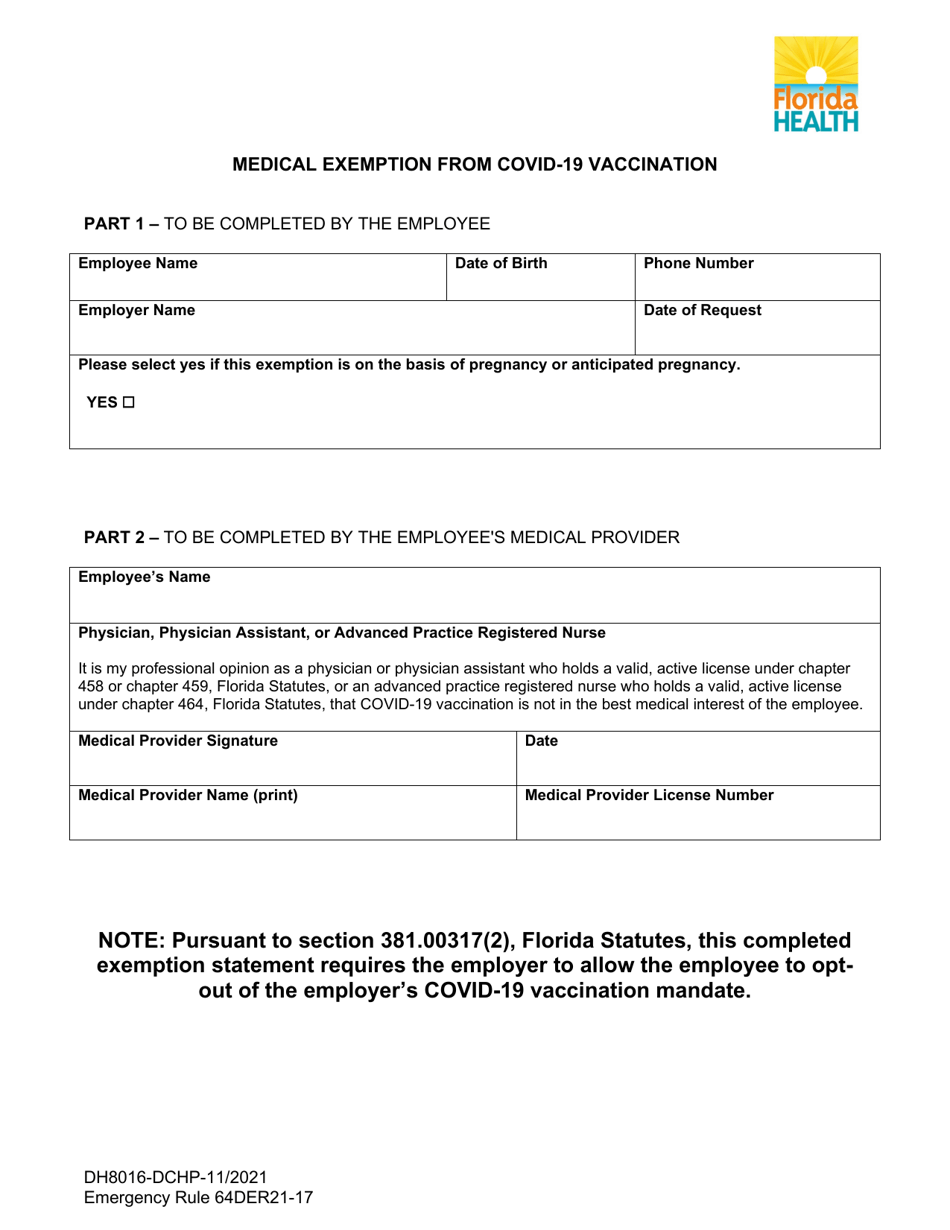 Form DH8016-DCHP Medical Exemption From Covid-19 Vaccination - Florida, Page 1