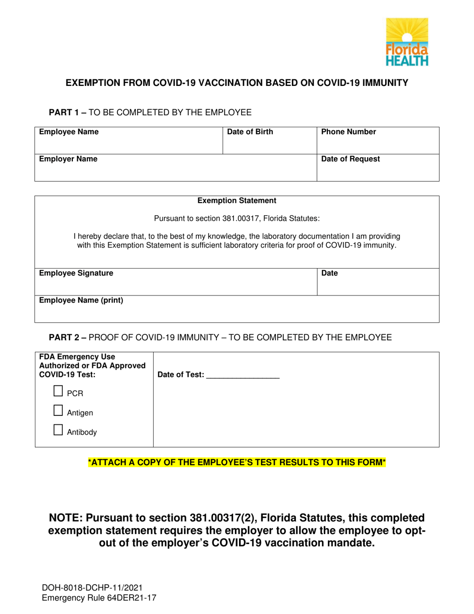 Form DOH-8018-DCHP Exemption From Covid-19 Vaccination Based on Covid-19 Immunity - Florida, Page 1