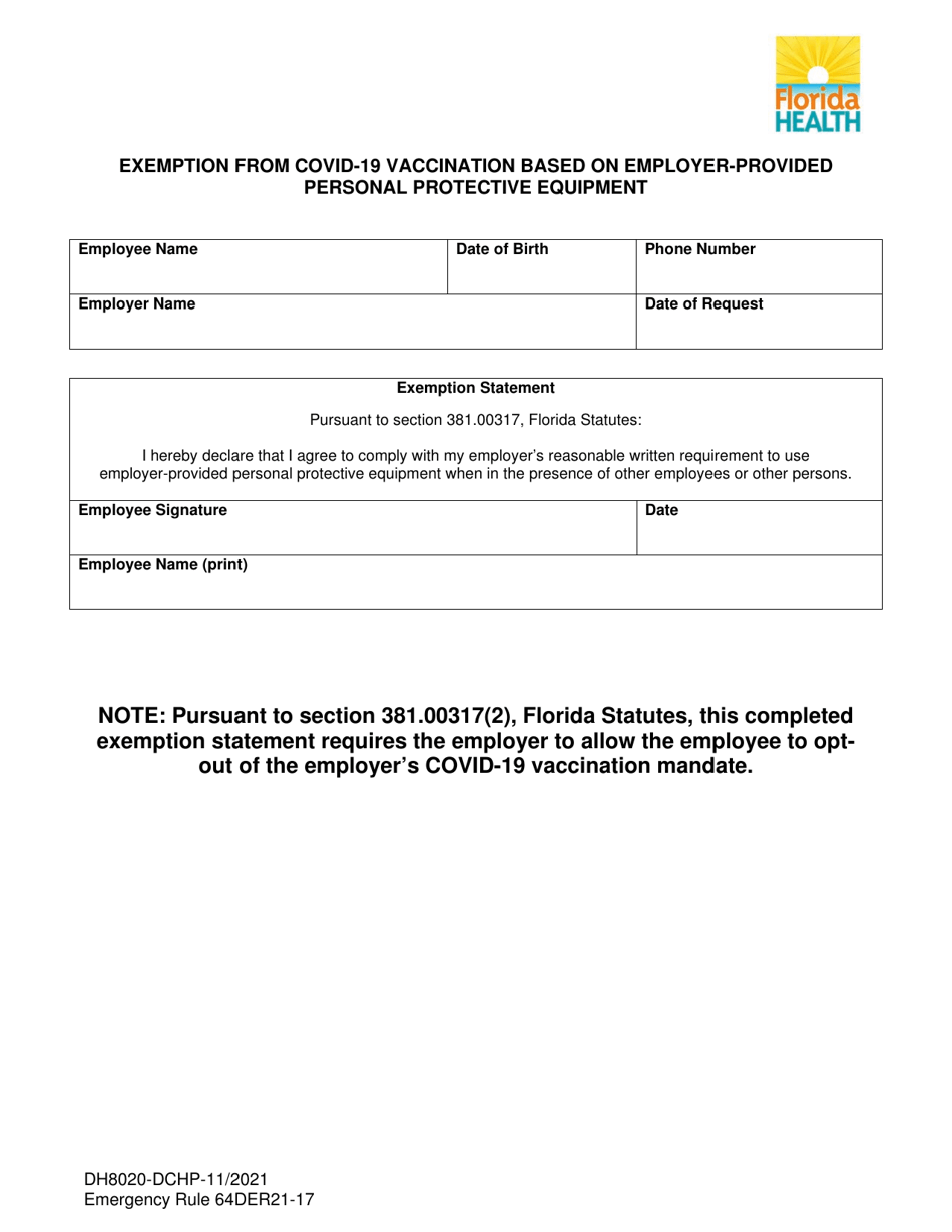 Form DH8020-DCHP Exemption From Covid-19 Vaccination Based on Employer-Provided Personal Protective Equipment - Florida, Page 1