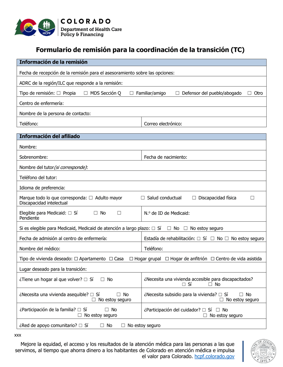 Formulario De Remision Para La Coordinacion De La Transicion (Tc) - Colorado (Spanish), Page 1