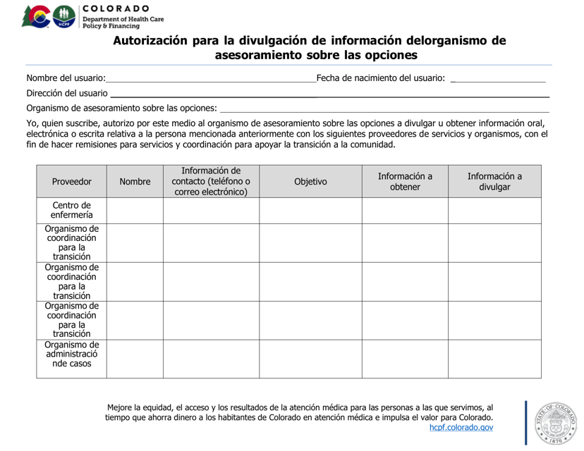 Autorizacion Para La Divulgacion De Informacion Del Organismo De Asesoramiento Sobre Las Opciones - Colorado (Spanish) Download Pdf