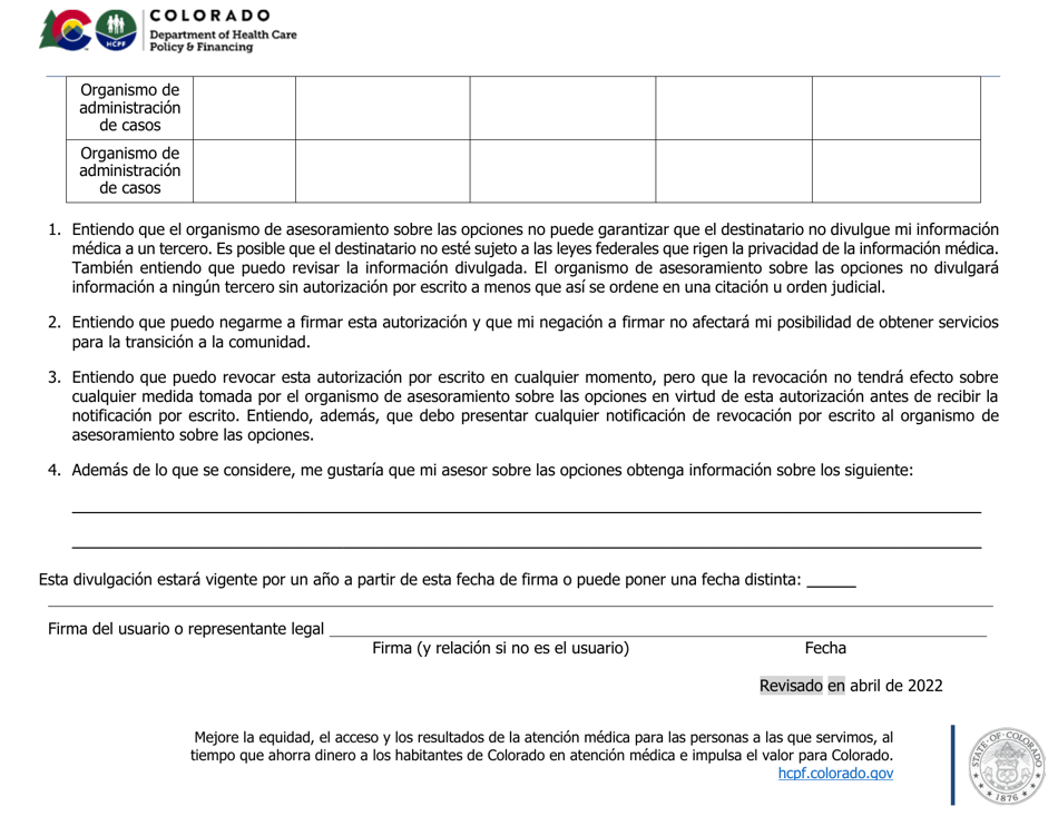 Autorizacion Para La Divulgacion De Informacion Del Organismo De Asesoramiento Sobre Las Opciones - Colorado (Spanish), Page 2