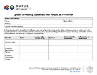 Options Counseling Authorization for Release of Information - Colorado