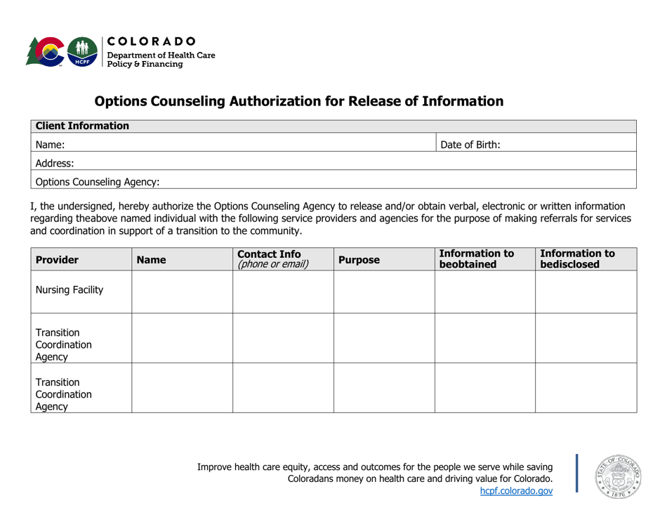 Options Counseling Authorization for Release of Information - Colorado, Page 1