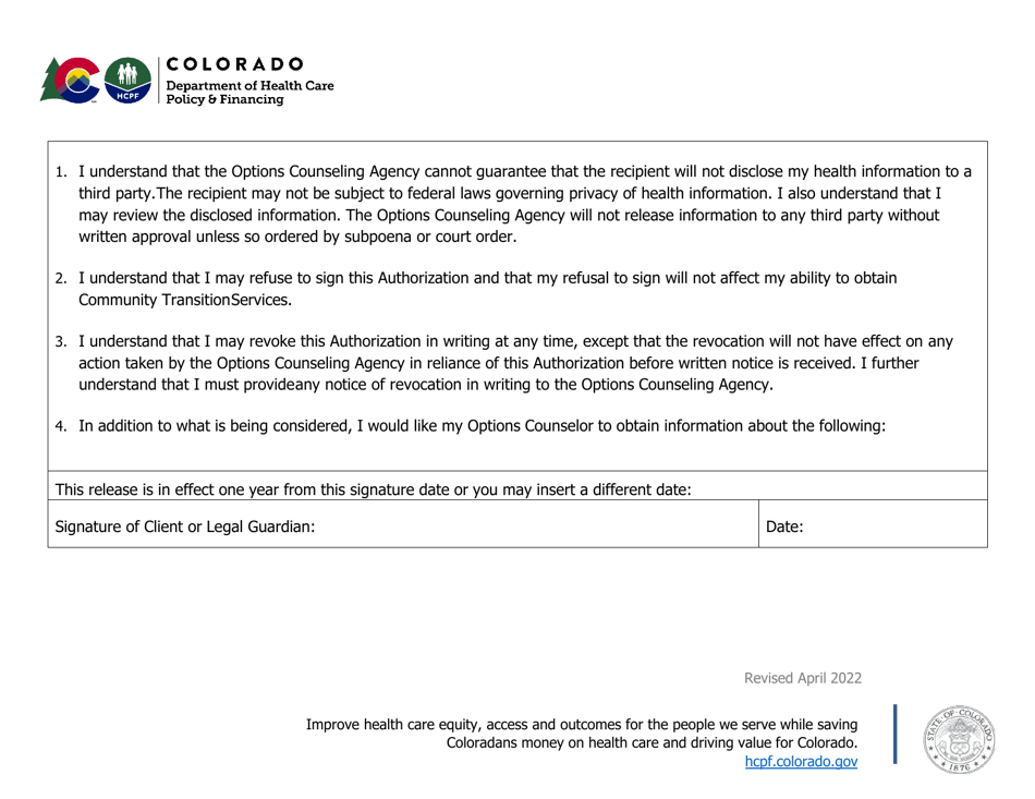 Options Counseling Authorization for Release of Information - Colorado, Page 3