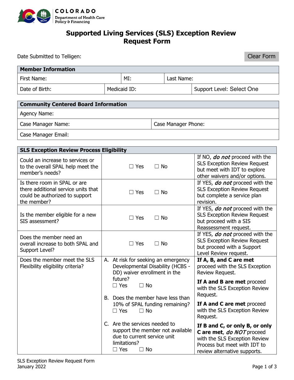 Supported Living Services (Sls) Exception Review Request Form - Colorado, Page 1
