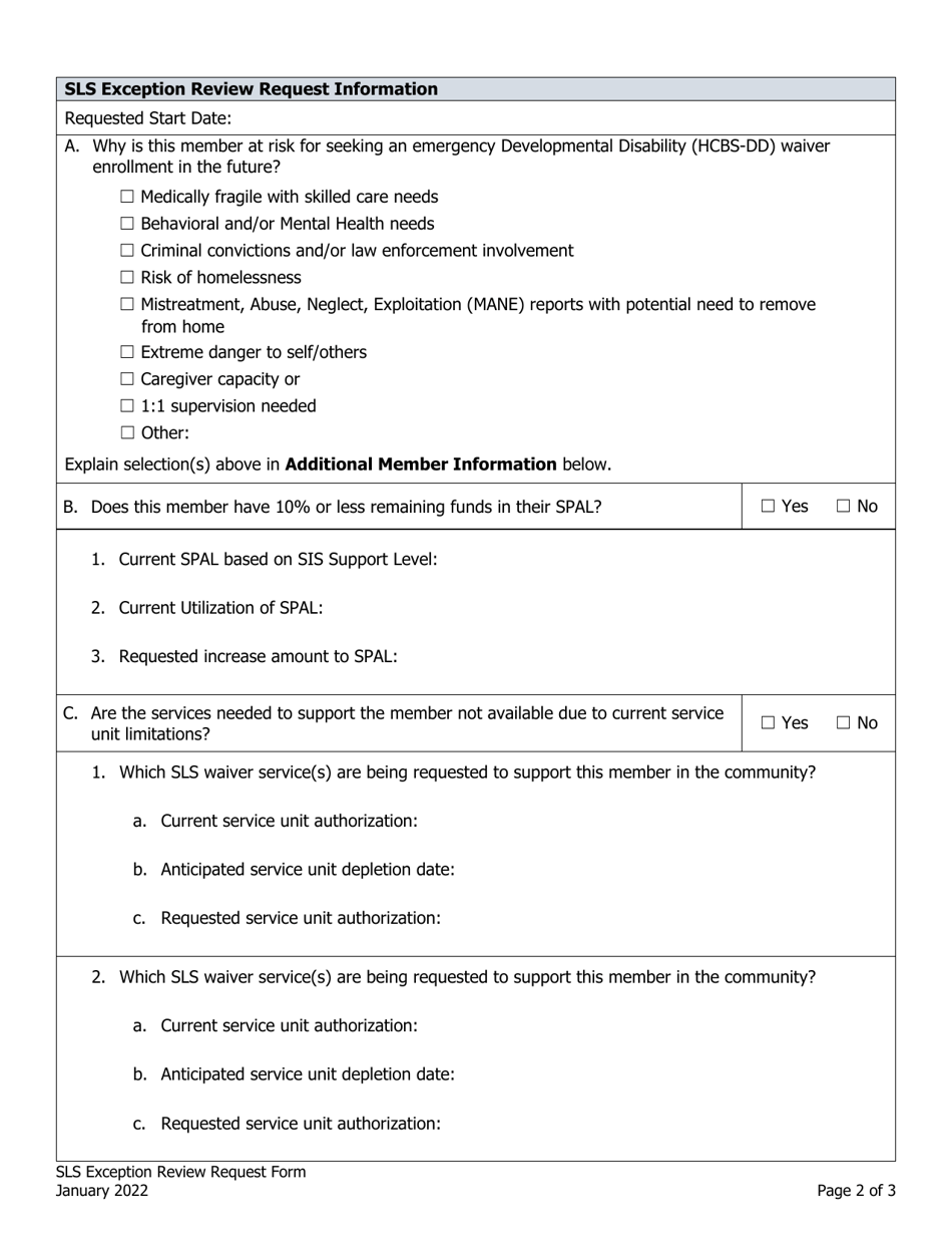 Supported Living Services (Sls) Exception Review Request Form - Colorado, Page 2