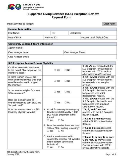 Supported Living Services (Sls) Exception Review Request Form - Colorado Download Pdf