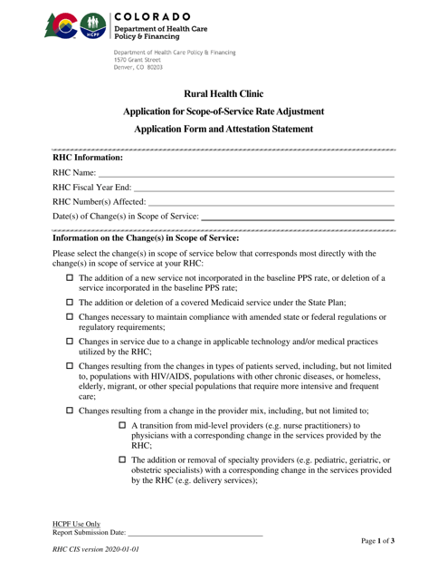 Application for Scope-Of-Service Rate Adjustment Application Form and Attestation Statement - Rural Health Clinic - Colorado Download Pdf