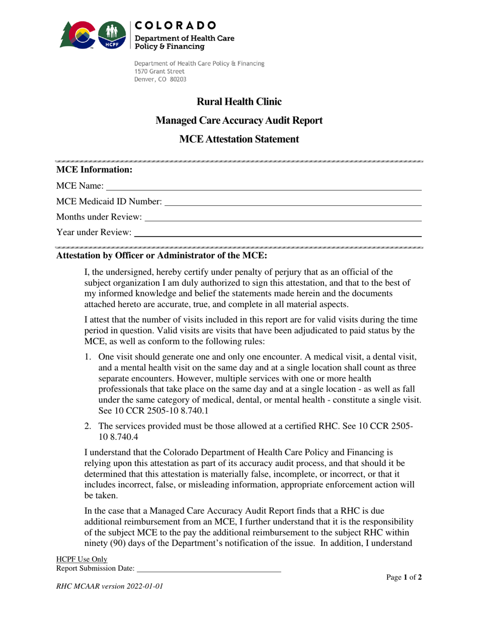 Managed Care Accuracy Audit Report Mce Attestation Statement - Rural Health Clinic - Colorado, Page 1