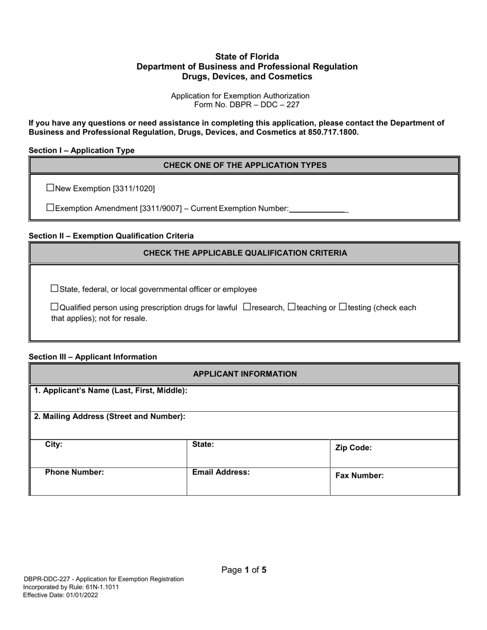 Form DBPR-DDC-227 Application for Exemption Authorization - Florida, Page 1