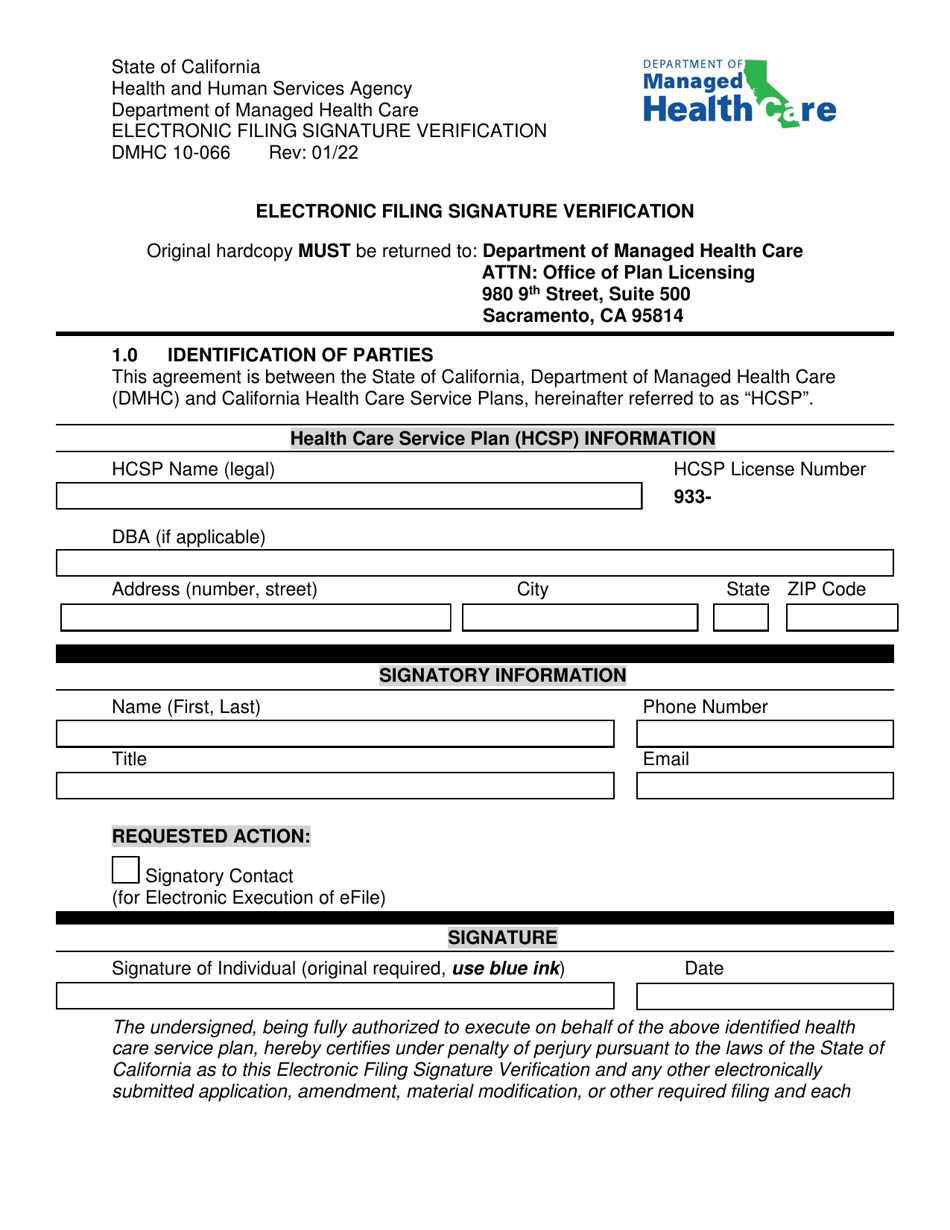Form DMHC10-066 Electronic Filing Signature Verification - California, Page 1