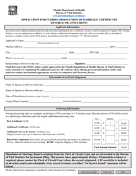 Document preview: Form DH260 Application for Florida Dissolution of Marriage Certificate (Divorce or Annulment) - Florida