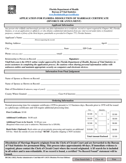 Form DH260 Application for Florida Dissolution of Marriage Certificate (Divorce or Annulment) - Florida