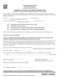 Document preview: Form DH1958 Affidavit to Release Birth Certificate - Florida