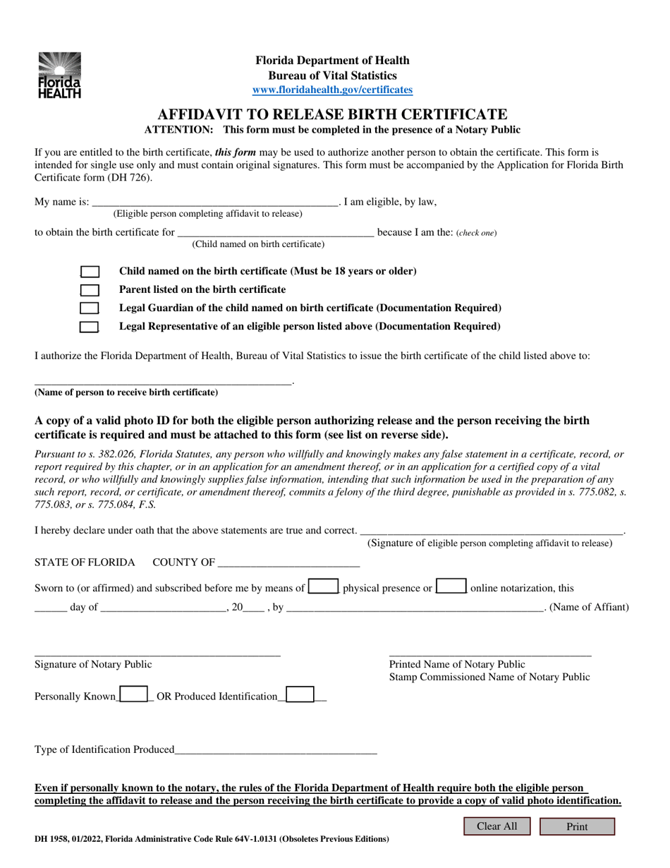 Form DH1958 Affidavit to Release Birth Certificate - Florida, Page 1