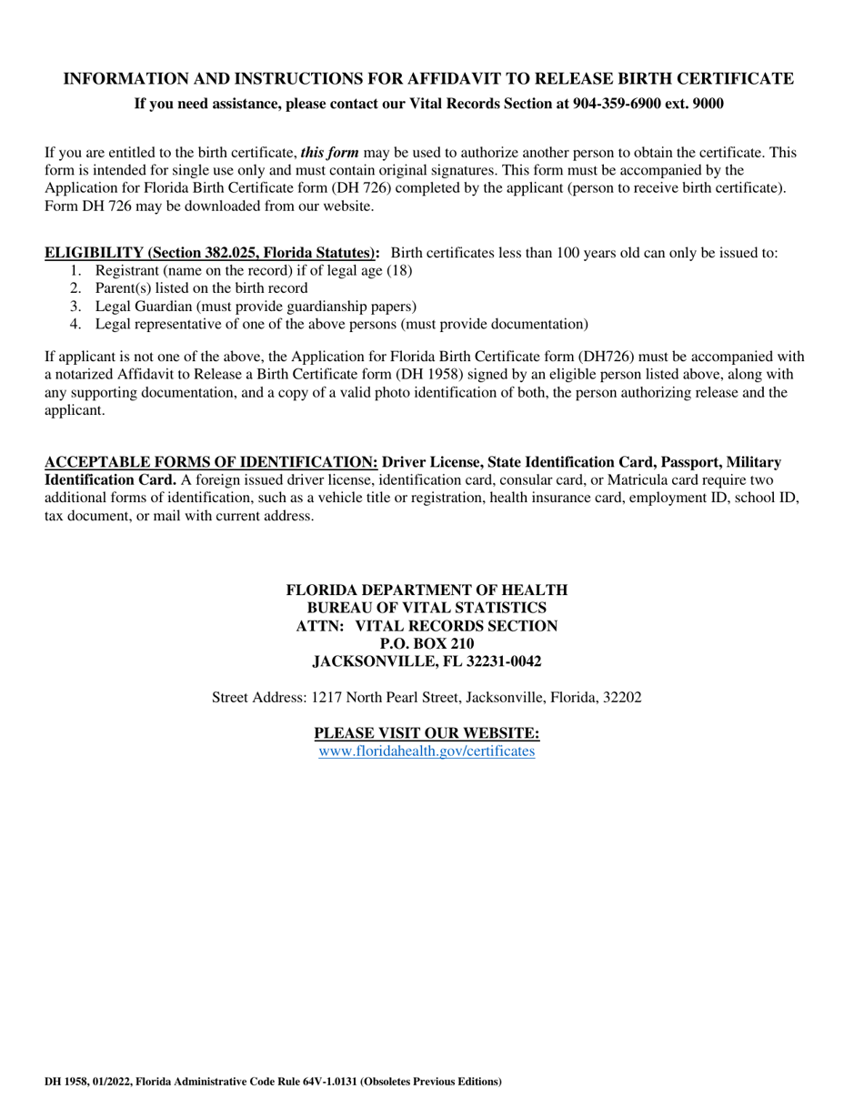 Form DH1958 Affidavit to Release Birth Certificate - Florida, Page 2