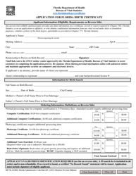 Document preview: Form DH726 Application for Florida Birth Certificate - Florida