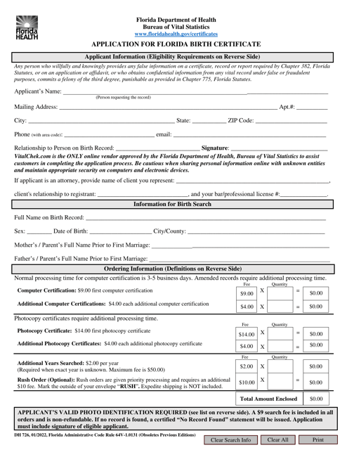 Form DH726 Application for Florida Birth Certificate - Florida