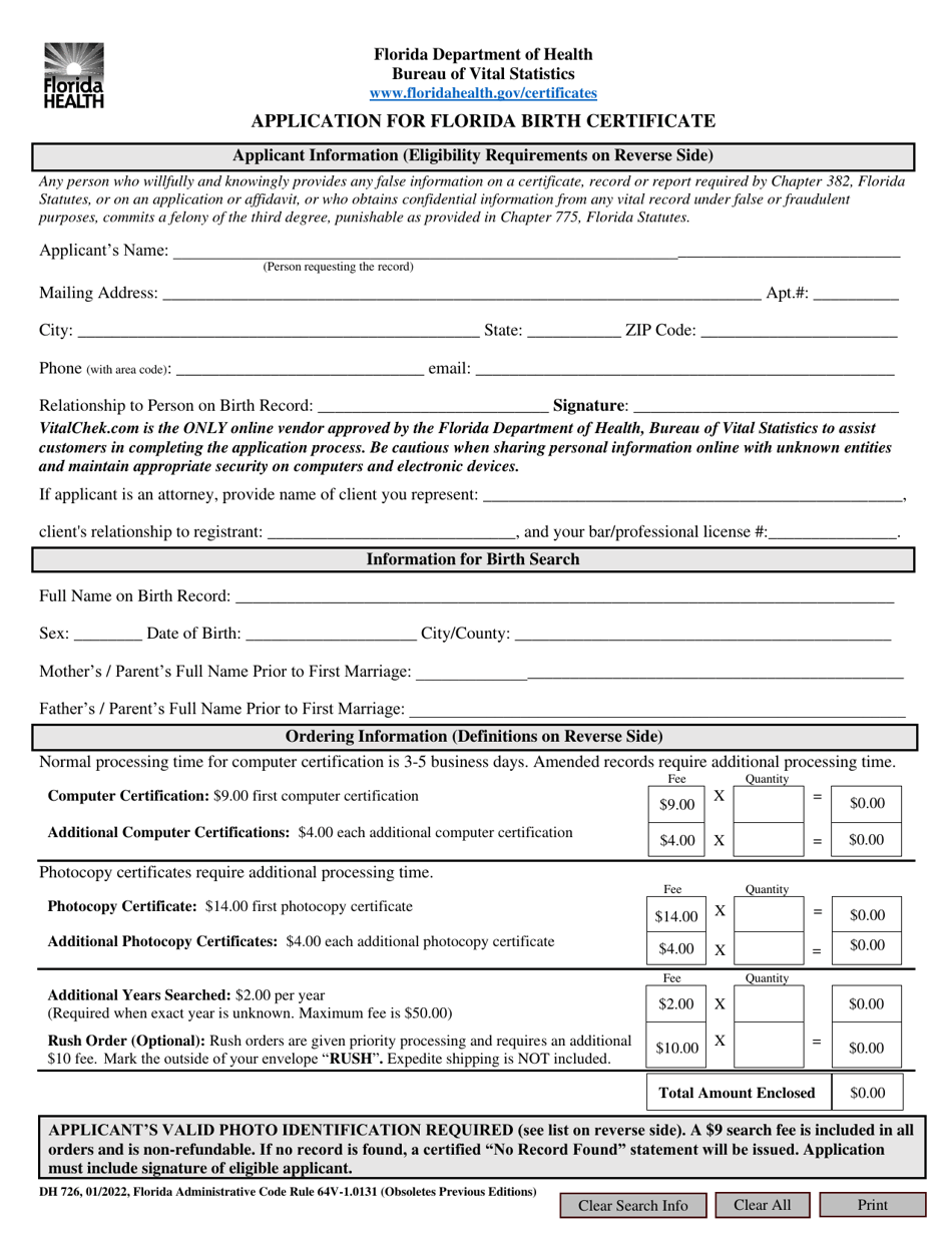 Form DH726 Application for Florida Birth Certificate - Florida, Page 1