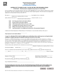 Form DH1959 Affidavit to Release Cause of Death Information - Florida