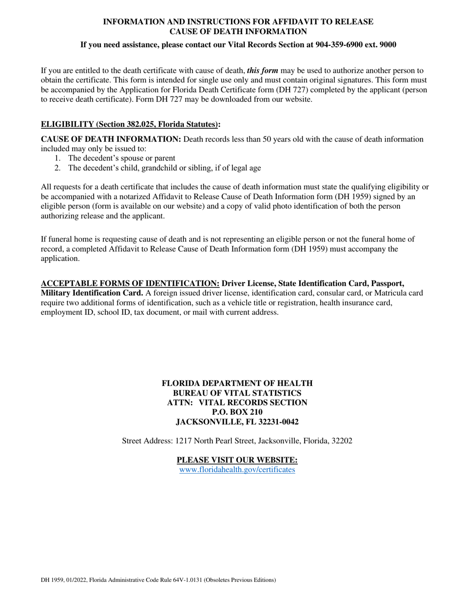 Form DH1959 Affidavit to Release <a href=