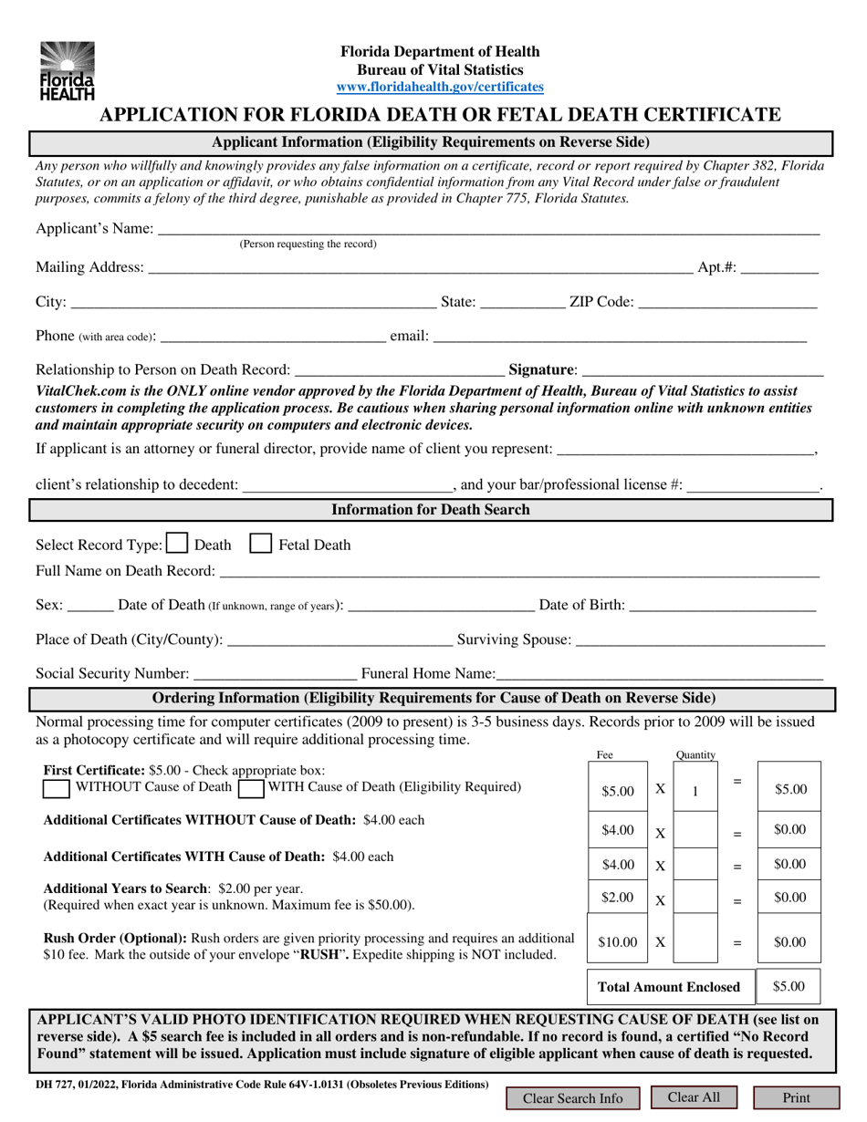 Form DH727 Application for Florida Death or Fetal Death Certificate - Florida, Page 1