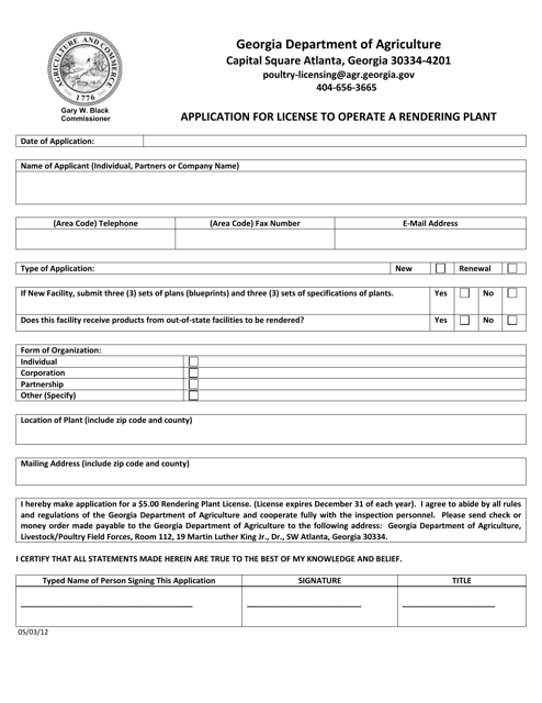 Application for License to Operate a Rendering Plant - Georgia (United States) Download Pdf