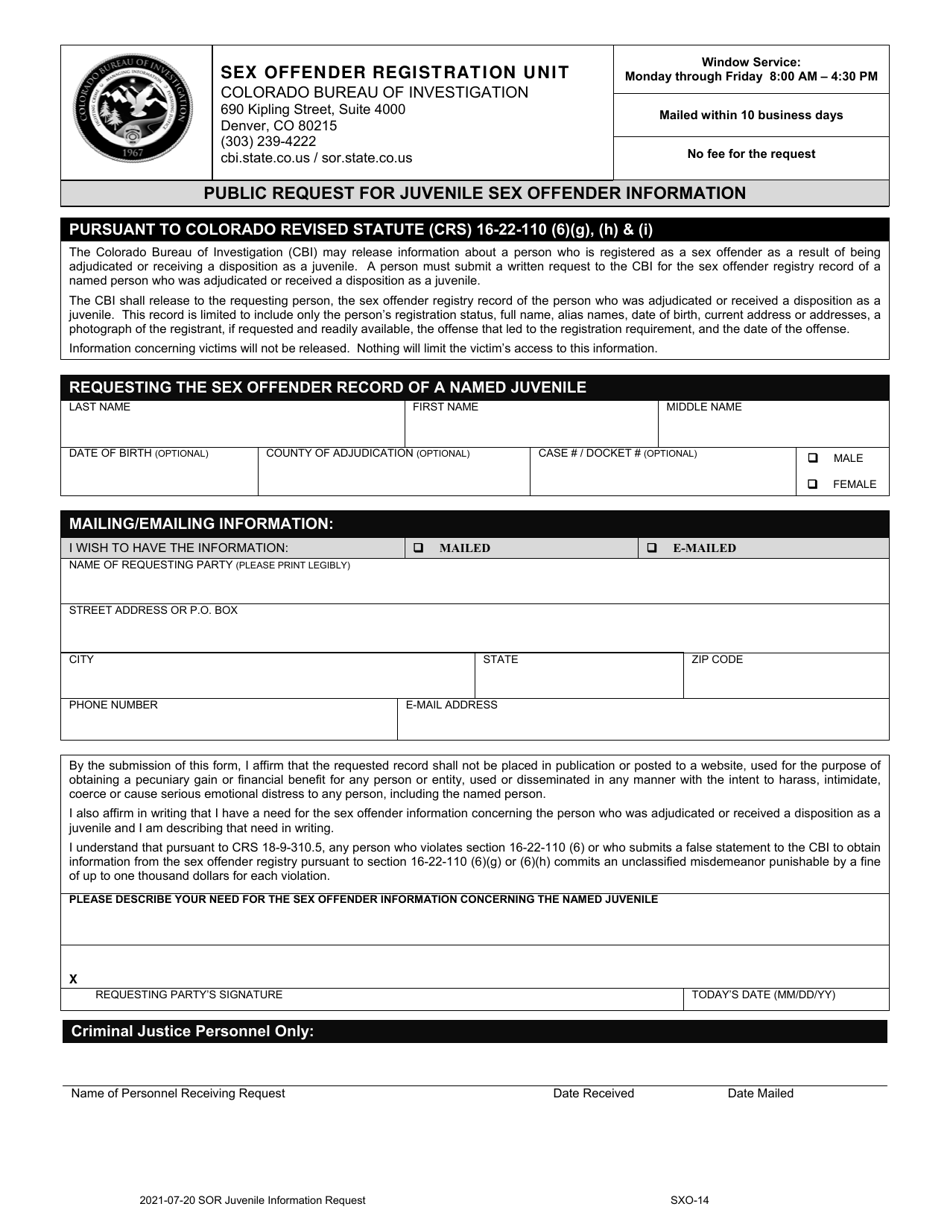 Form SXO-14 Public Request for Juvenile Sex Offender Information - Colorado, Page 1