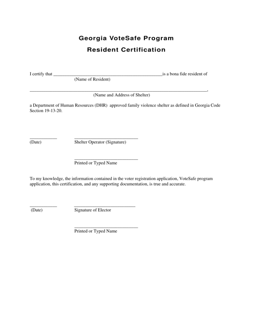 Resident Certification - Georgia Votesafe Program - Georgia (United States) Download Pdf