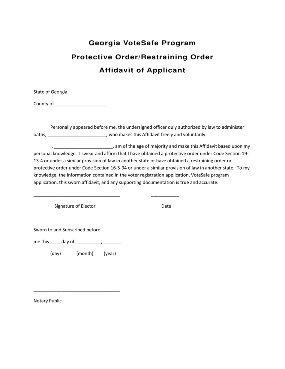 Protective Order / Restraining Order Affidavit of Applicant - Georgia Votesafe Program - Georgia (United States), Page 1