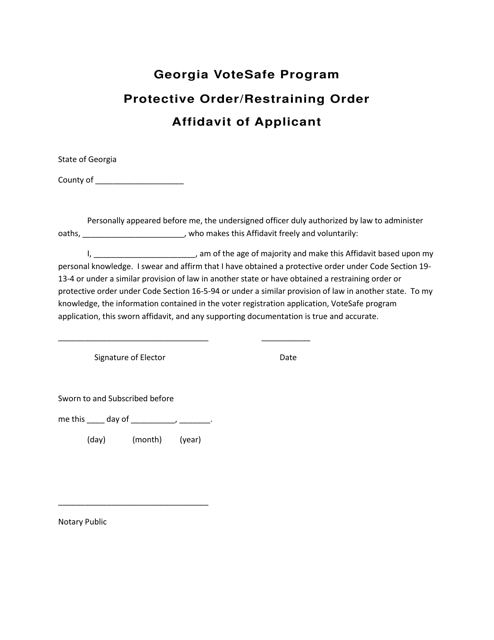 Protective Order / Restraining Order Affidavit of Applicant - Georgia Votesafe Program - Georgia (United States) Download Pdf
