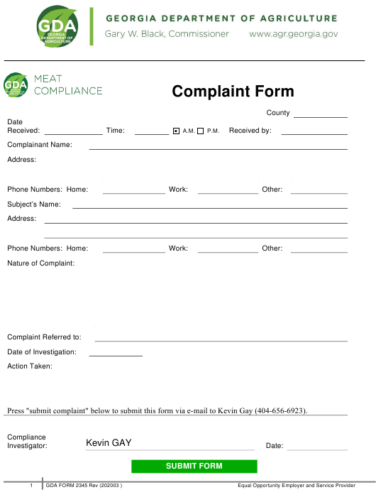 GDA Form 2345 Download Fillable PDF or Fill Online Complaint Form ...