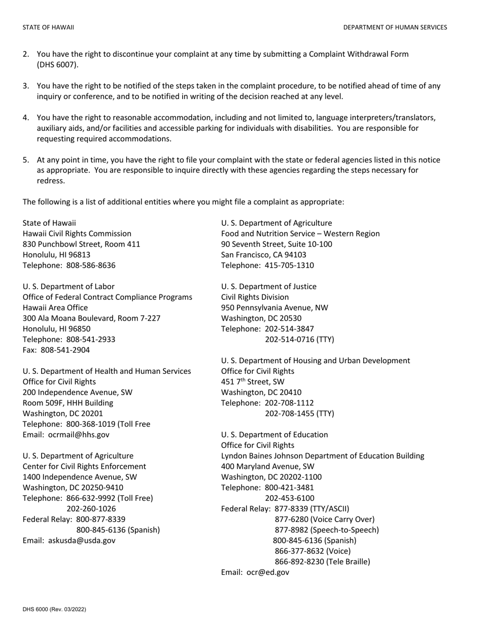 Form DHS6000 Discrimination Complaint Form - Hawaii, Page 3