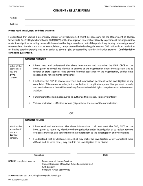 Form DHS6006 Consent/Release Form - Hawaii